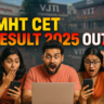 Excited Maharashtrian students checking MHT CET 2025 results on laptop and smartphones, with blurred backgrounds of COEP Pune, VJTI Mumbai, PICT Pune, and VIT Pune, colorful confetti, and bold clickbait text saying 'MHT CET RESULT 2025 OUT!